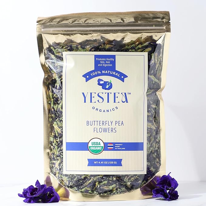 YESTEA 100% USDA Organic Butterfly Pea Flower 4.41 oz (375+ Cups) Small-Batch and Handpicked from Thailand - Non GMO Rich in Antioxidants, Caffeine Free, Vegan, and Gluten Free (4.41 Oz)