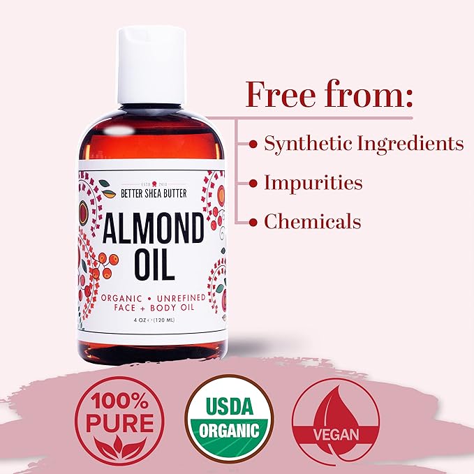 Better Shea Butter Organic Almond Oil | 100% Pure, Cold-Pressed | Natural Massage Oil for Body and Face | 4 oz