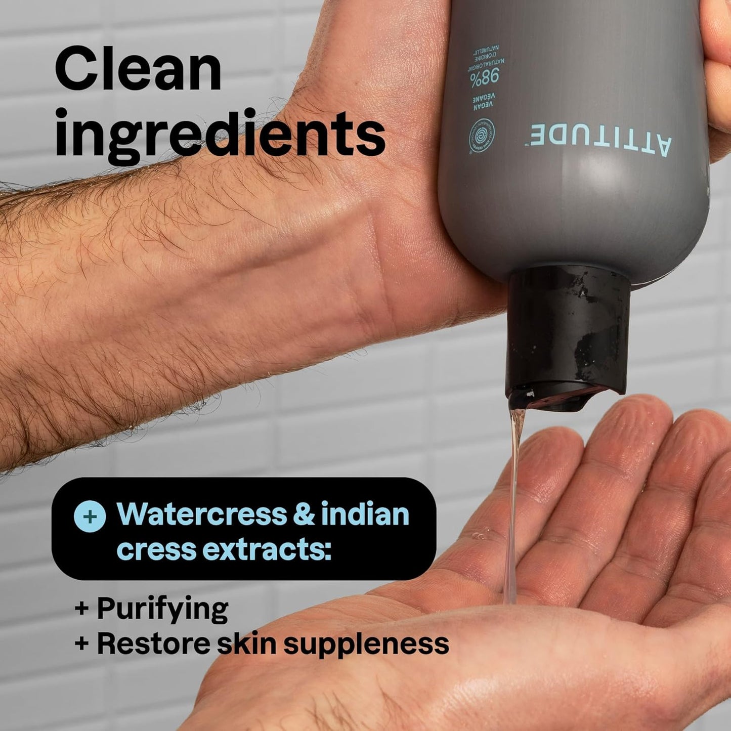 ATTITUDE Shower Gel Body Wash for Men, 98% Natural Origin Ingredients, Paraben & Phthalate Free, EWG Verified, Cleanses Without Drying, Eucalyptus & Sage,14 Fl Oz