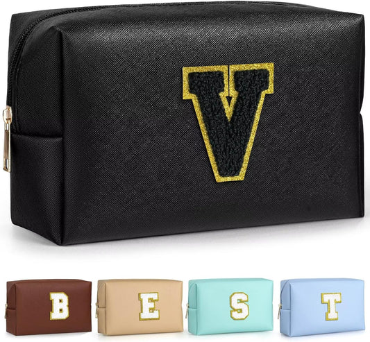 TOPEAST Initial Makeup Bags for Women, Personalized Portable Cosmetic Bag for Travel, Cute Makeup Pouch, PU Leather Waterproof Toiletry Bag, Preppy Things for Girl (Black V)