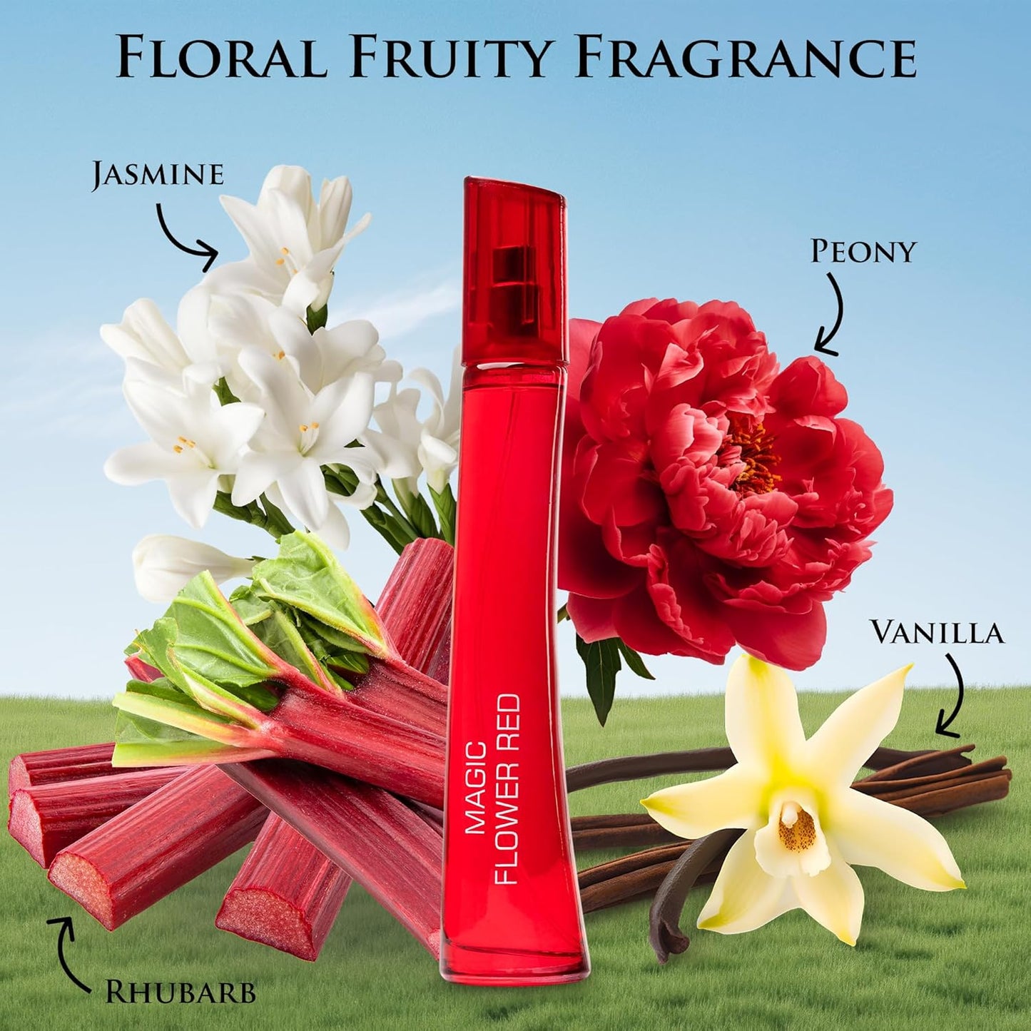 Magic Flower Red for Women - Fruity Floral Fragrance - Top Notes of Mandarin Orange, Sour-Sweet Rhubarb & Black Currant - Bse Scent of Jasmine, Peony & Vanilla - Vegan & Cruelty-Free, Parfume Women