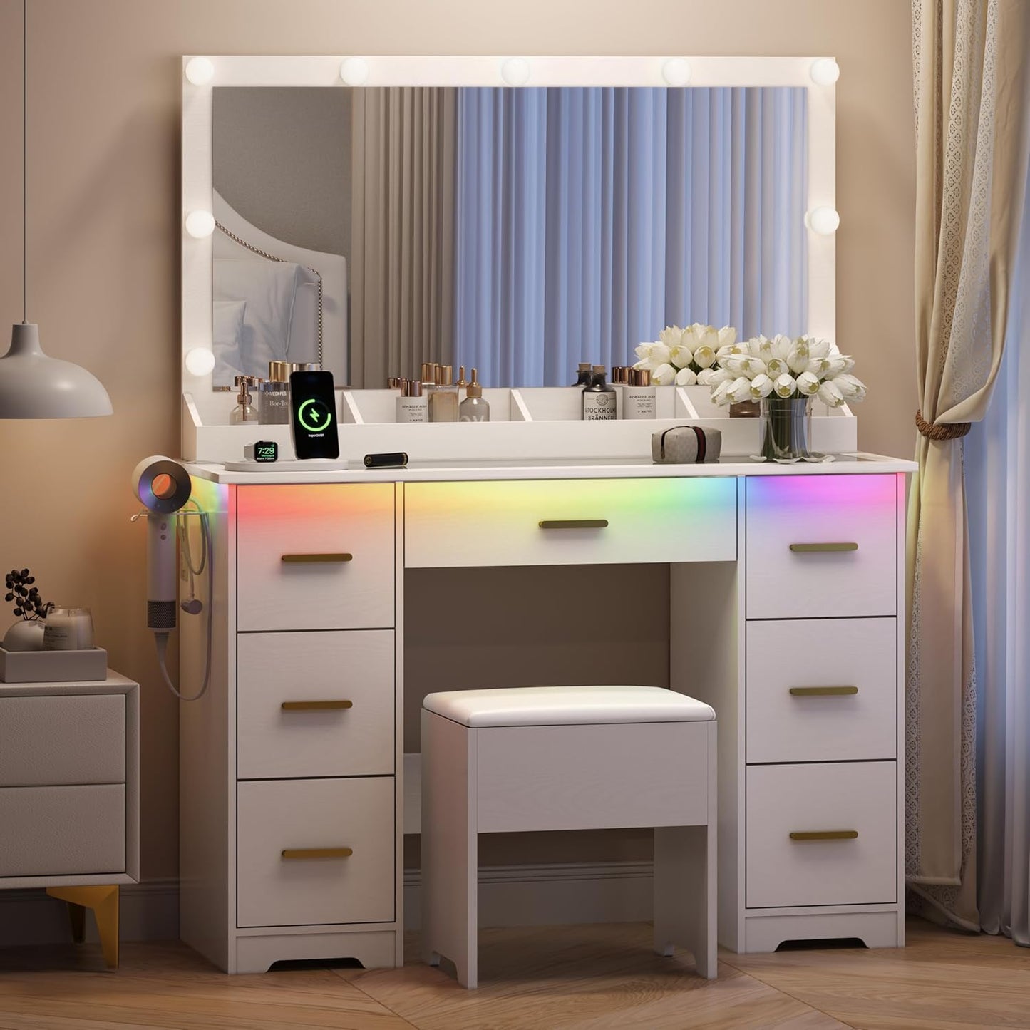 Makeup Vanity with Large Lighted Mirror and Chair, 7 Drawers Vanity Makeup Desk Table with Power Strip, Adjustable Lighting, and Cushioned Storage Stool for Women, Girls