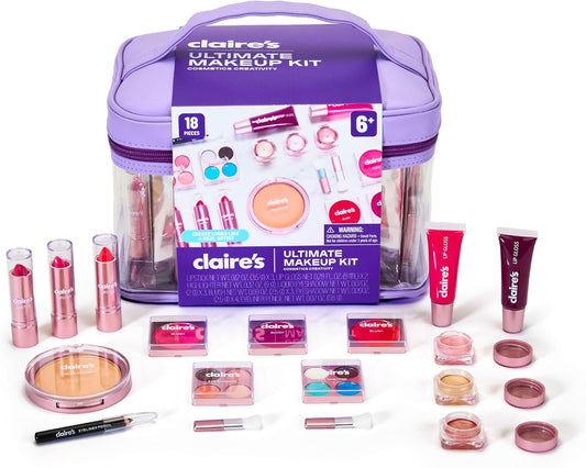 Claire’s® Ultimate Makeup Artist Kit – 18-Piece Real Makeup Set| Lip Gloss, Eyeshadow, Eyeliner, Blush, Lipstick, Highlighter & Carry Case| Girls Cosmetic Beauty Toy| Safe Kids Makeup Gift| Ages 8+
