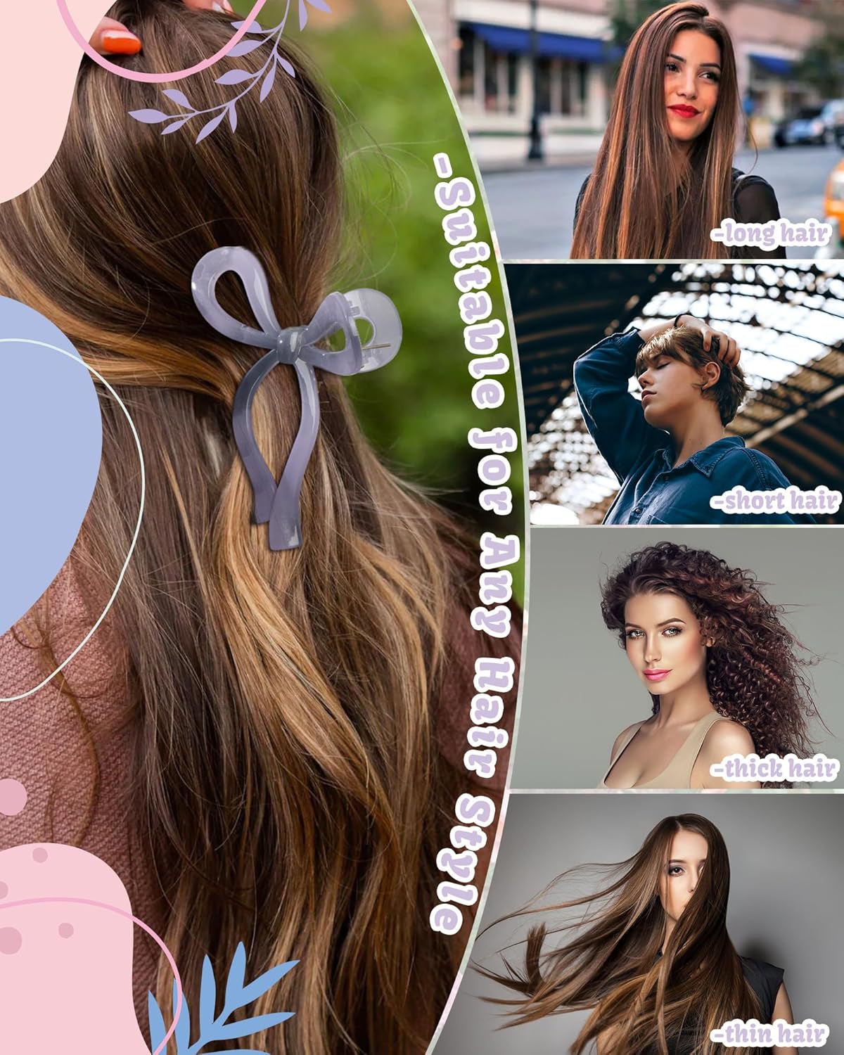 4 PCS Bow Hair Clips Bow Claw Clip for Women Nonslip Large Hair Claw Clips for Thin and Thick Hair Strong Hold Hair Bows (Purple+Rose red+Orange+Light brown)