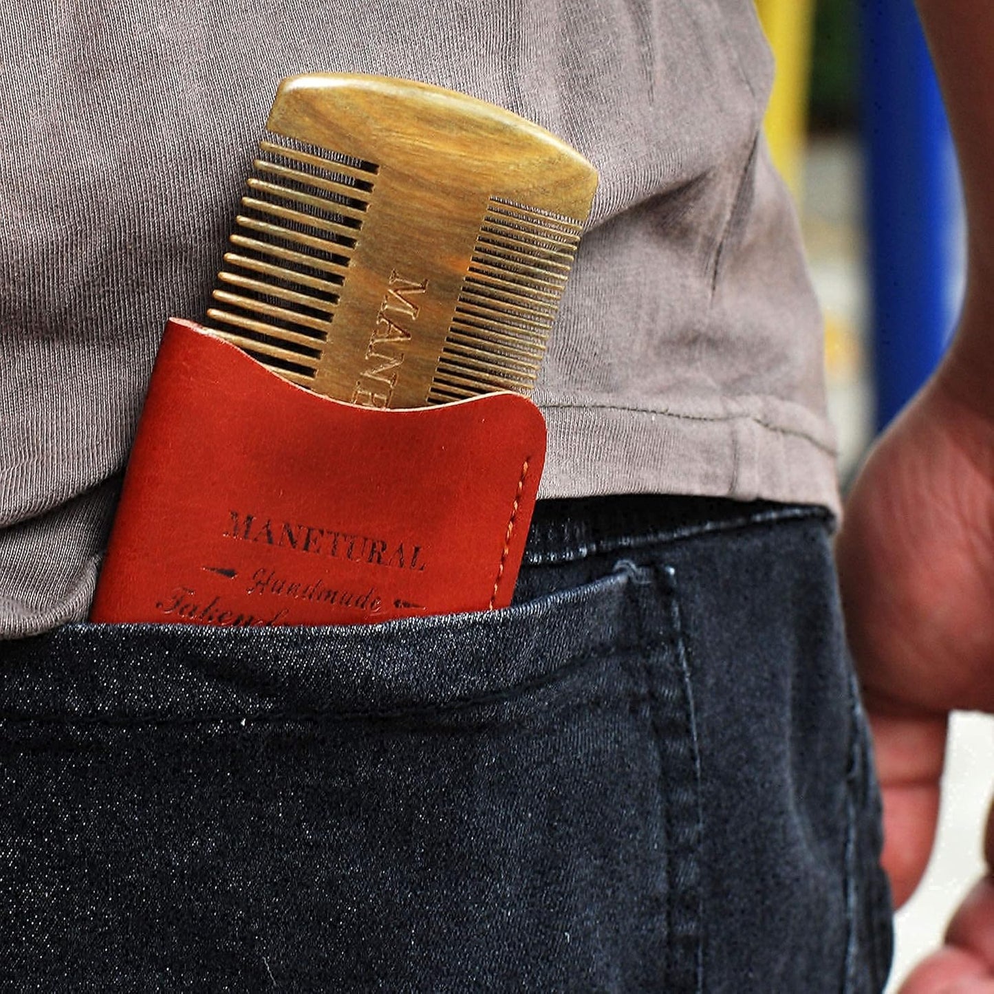 Premium Sandalwood Dual-Action Comb - Double-Tooth Design for Men's Fine & Wide Hair, Mustache Comb, Protective PU Leather Case