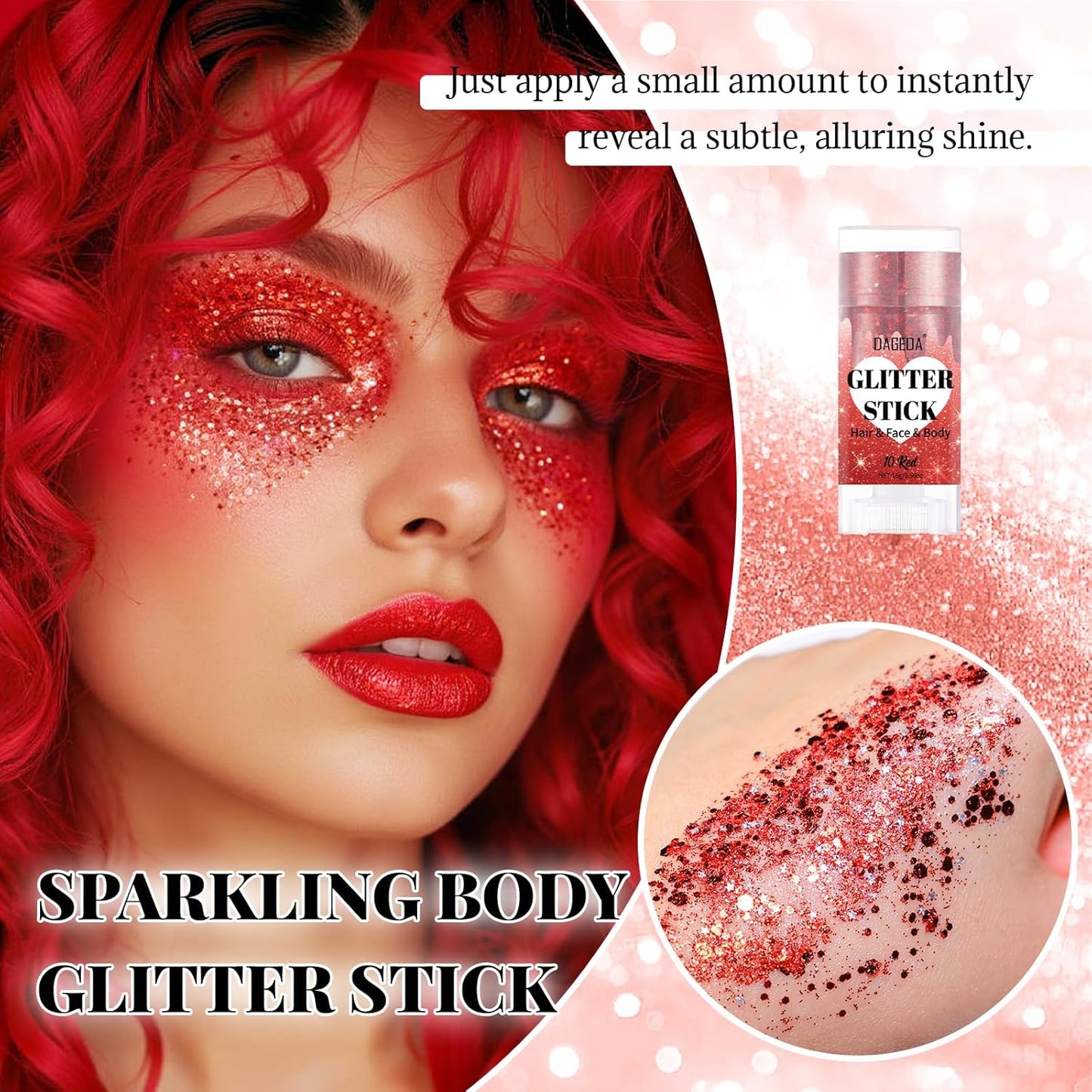 DAGEDA Red Body Glitter Stick,Sparkly Face Glitter Makeup,Holographic Hair Glitters Mermaid Makeup Rave Outfits for Women, Shimmer Face Paint Stick Singer Concert Accessories