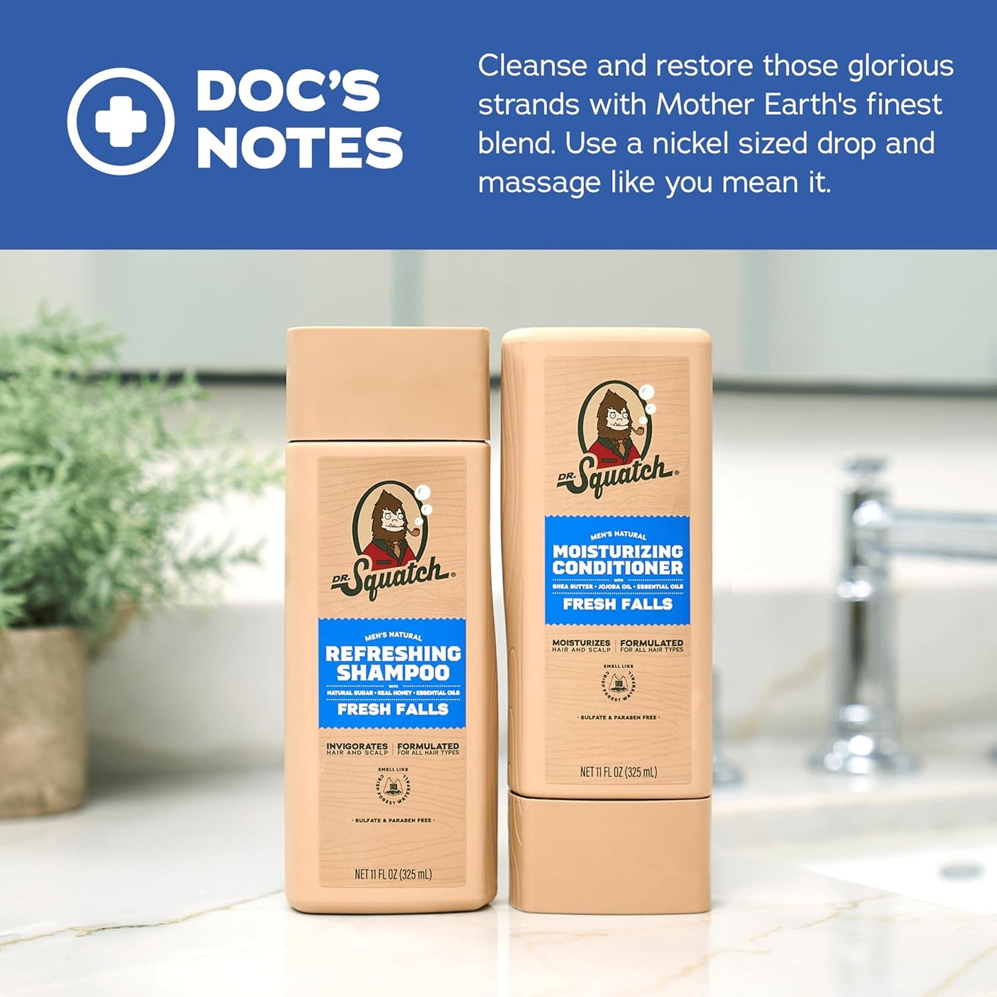 Dr. Squatch Natural Hair Bundle for Men - Healthy, Full Looking Hair - Fresh Falls Shampoo (11 fl oz), Fresh Falls Conditioner (11 fl oz)