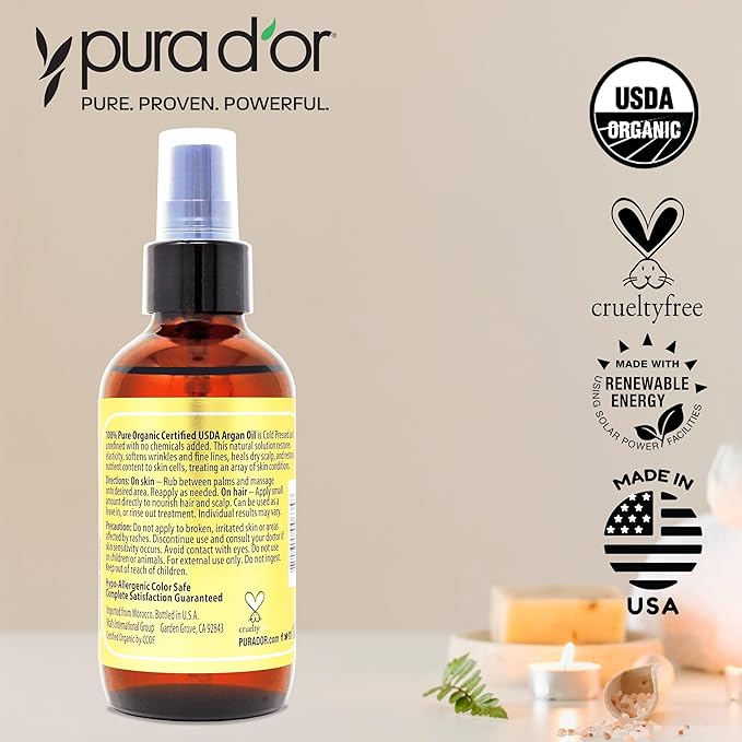 PURA D'OR 4 Oz ORGANIC Moroccan Argan Oil - USDA Certified 100% Pure & Cold Pressed Virgin Premium Grade Natural Moisturizer Treatment For Dry, Damaged Skin, Hair, Face, Body & Scalp - Men & Women