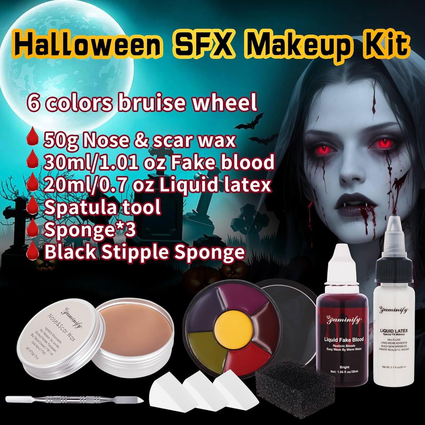 Halloween Special Effects Makeup Kit,6 Colors Bruise Wheel+30ml Dripping Washable Fake Blood+Liquid Latex+Scar Wax with Spatula+3 Pcs Sponge+Stipple Sponge,Face Fake Injury SFX Makeup Kit