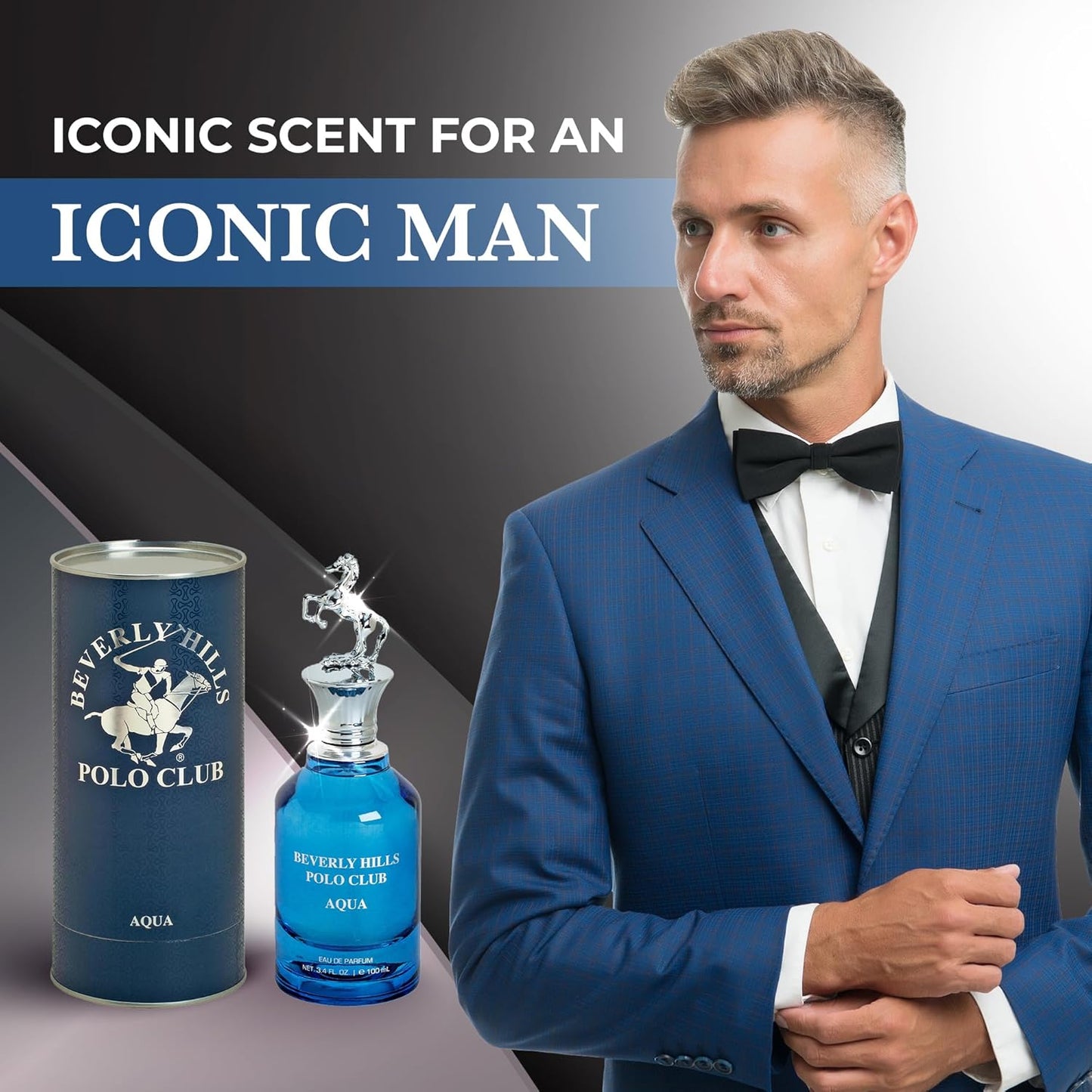 Beverly Hills Polo Club AQUA Eau de Parfum for Men - 3.4 Fl Oz (103.5ml) Long-Lasting Aquatic Fragrance | Sophisticated Scent with Iconic Metal Horse Cap & Premium Cylinder Gift Box