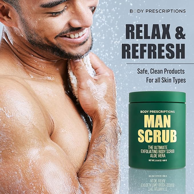Body Prescriptions Men’s Exfoliating Body Scrub – Ultimate Skin Cleansing Wash in Jar with Twist-Top Lid, For All Skin Types, 21 Ounce (Pack of 4), Aloe Vera
