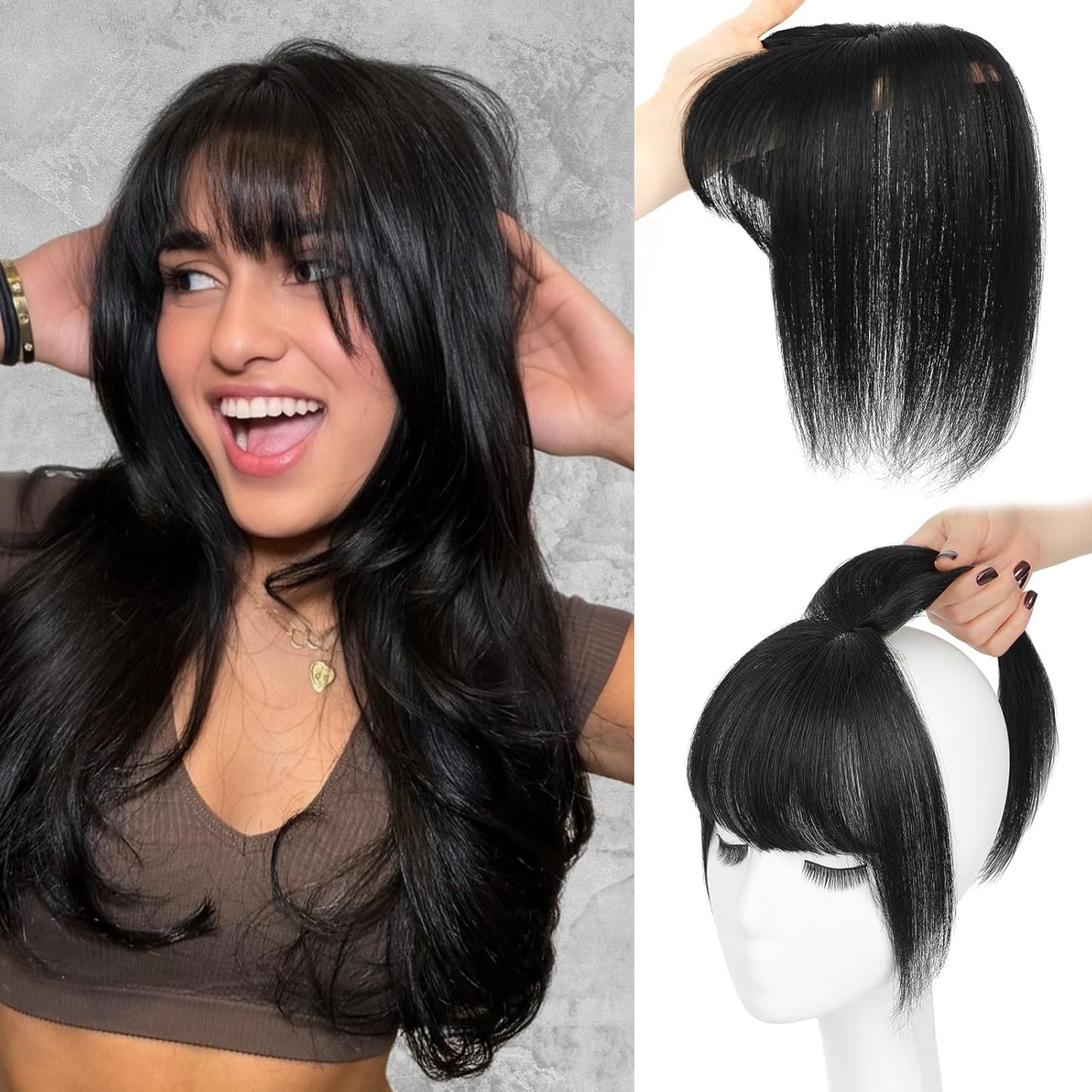 Hair Toppers for Women Real Human Hair, 360° Cover Clip in Bangs Natural Black Wispy Bangs HairPieces for Women Daily (Natural Black, 3D Bangs)