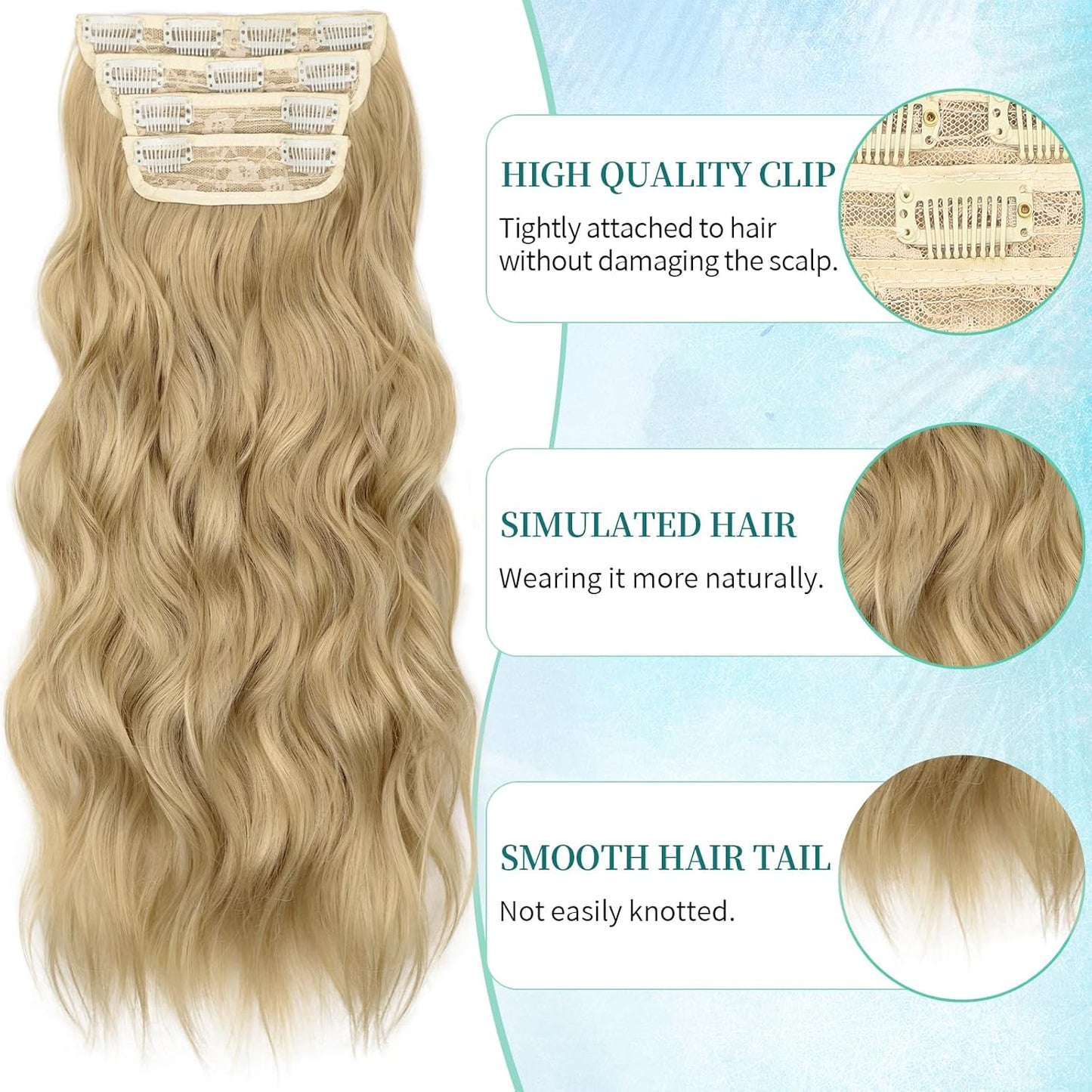 KooKaStyle Clip in Synthetic Hair Extensions Long Wavy 4PCS Thick Hairpieces Golden Blonde Fiber Double Weft Natural Hair Extensions 20 Inch for Women