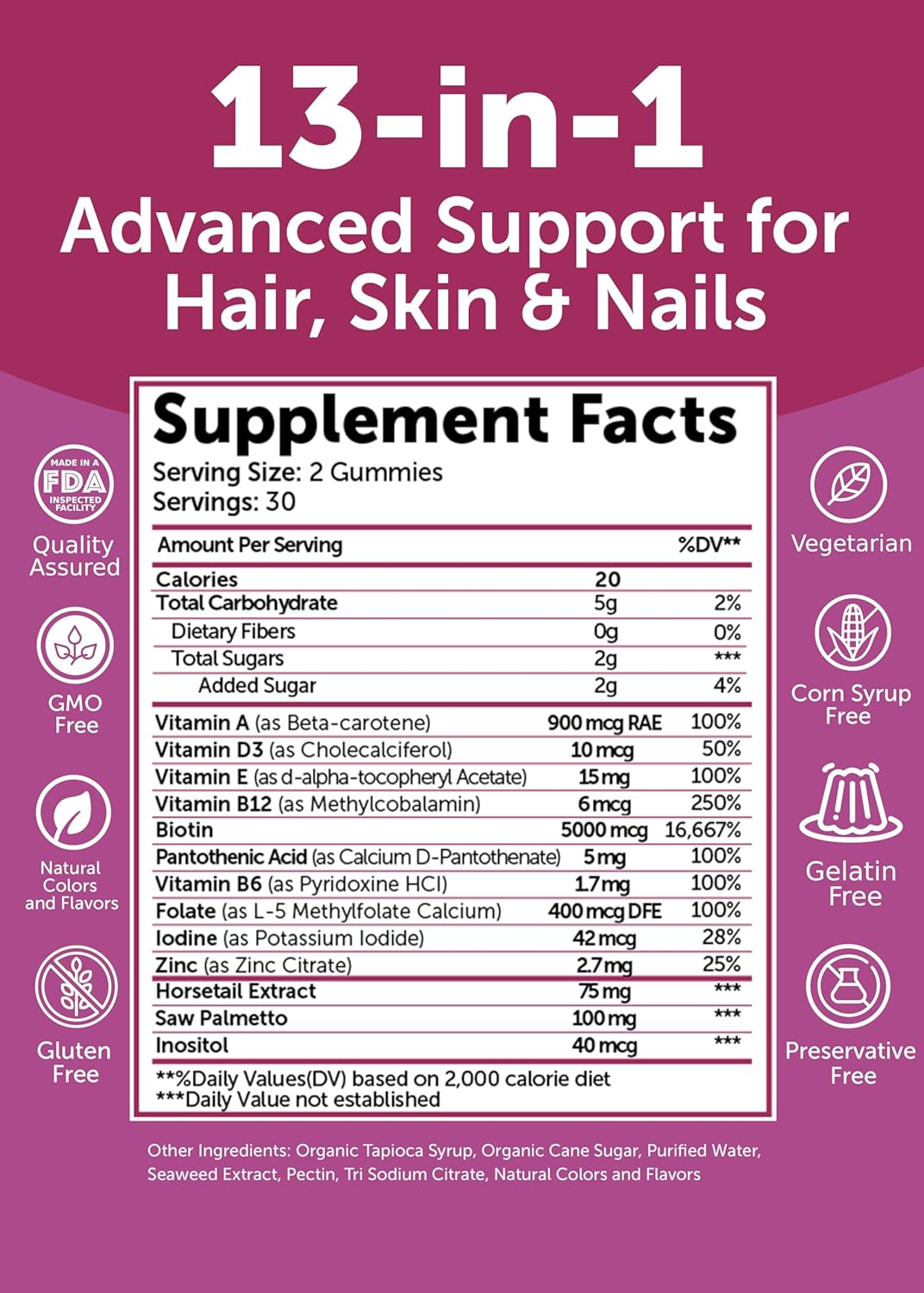 Lunakai USA Made Super Hair Gummies with Biotin, Zinc, Horsetail Extract & Saw Palmetto - Hair Growth Vitamins for Women & Men – Supports Thicker, Longer, Stronger Tresses, Skin & Nails, 60ct