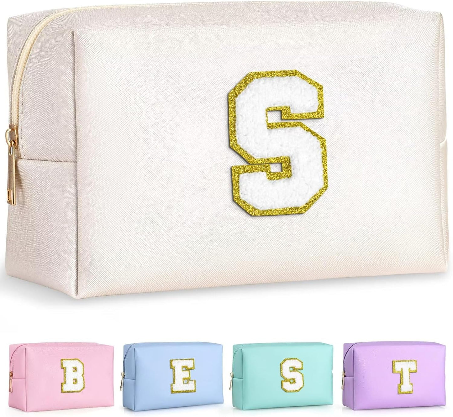 TOPEAST Initial Cosmetic Bag for Women, Preppy Small Makeup Bag, PU Leather Waterproof Toiletry Bag, Monogrammed Birthday Gifts for Women, Stuff for girls (White S)