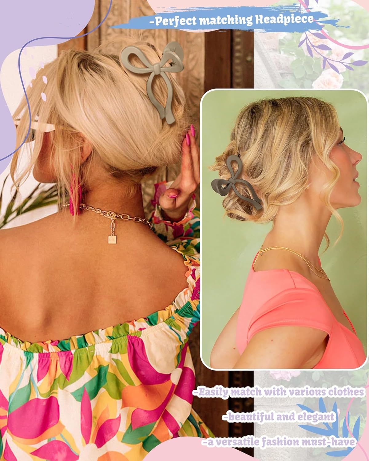 4 PCS Bow Hair Clips Bow Claw Clip for Women Nonslip Large Hair Claw Clips for Thin and Thick Hair Strong Hold Hair Bows (Black+Light Brown+Off-White+Dark Brown)