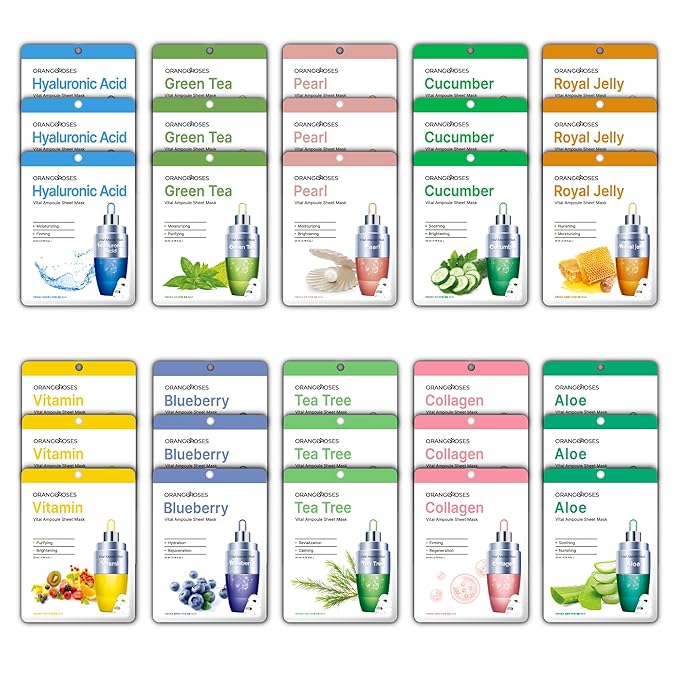【 Orangeroses 】 30 Pcs Combo Pack Vital Ampoule Sheet Mask, Korean Facial Skincare Sheet | Simple & Effective Skincare Routine | Moisturization | Wrinkle Care | Brightening