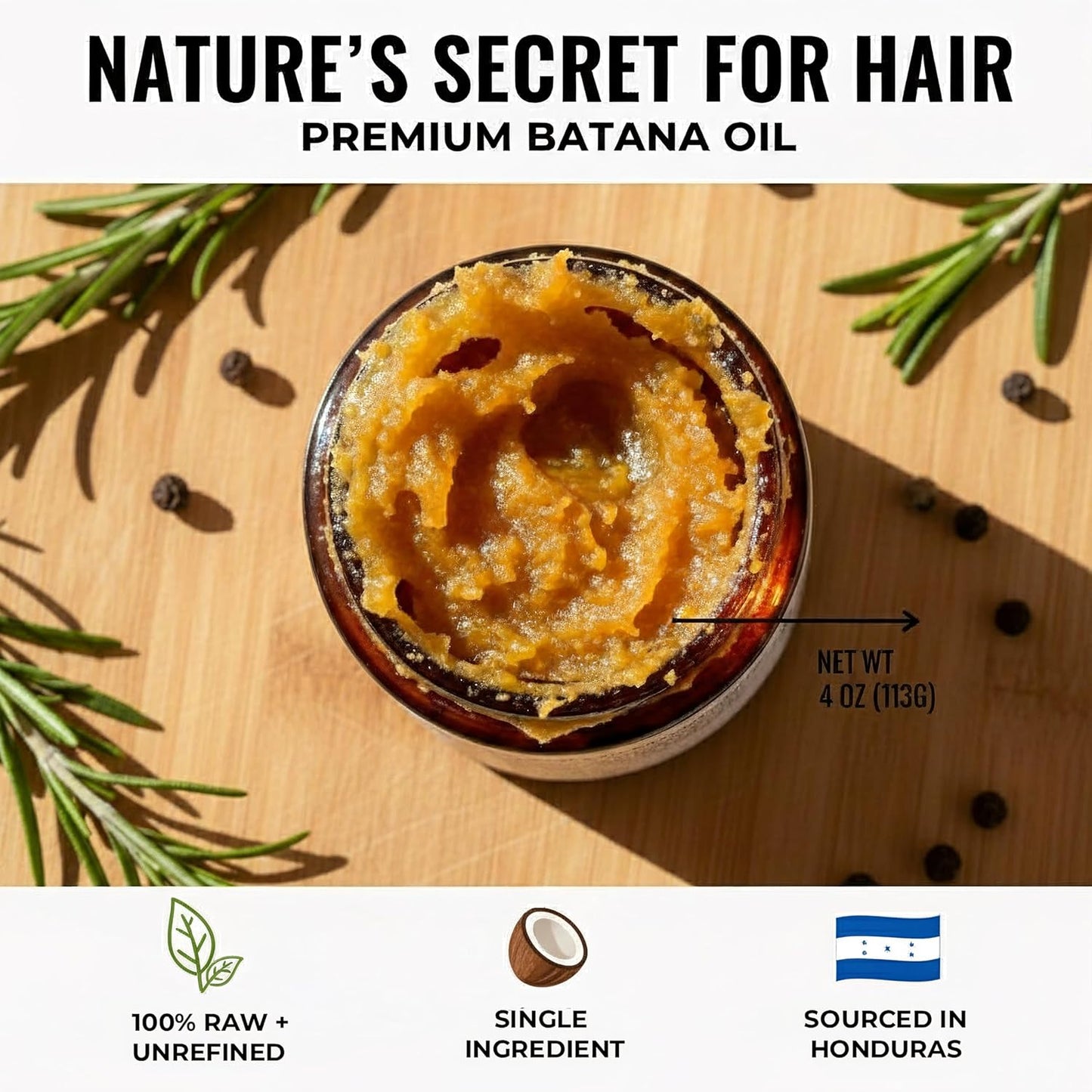 Unrefined Batana Oil for Hair Growth - 100% Raw Unrefined Batana Oil from Honduras - Dr. Sebi Approved Pure Hair Treatment for Thicker Hair - 4oz