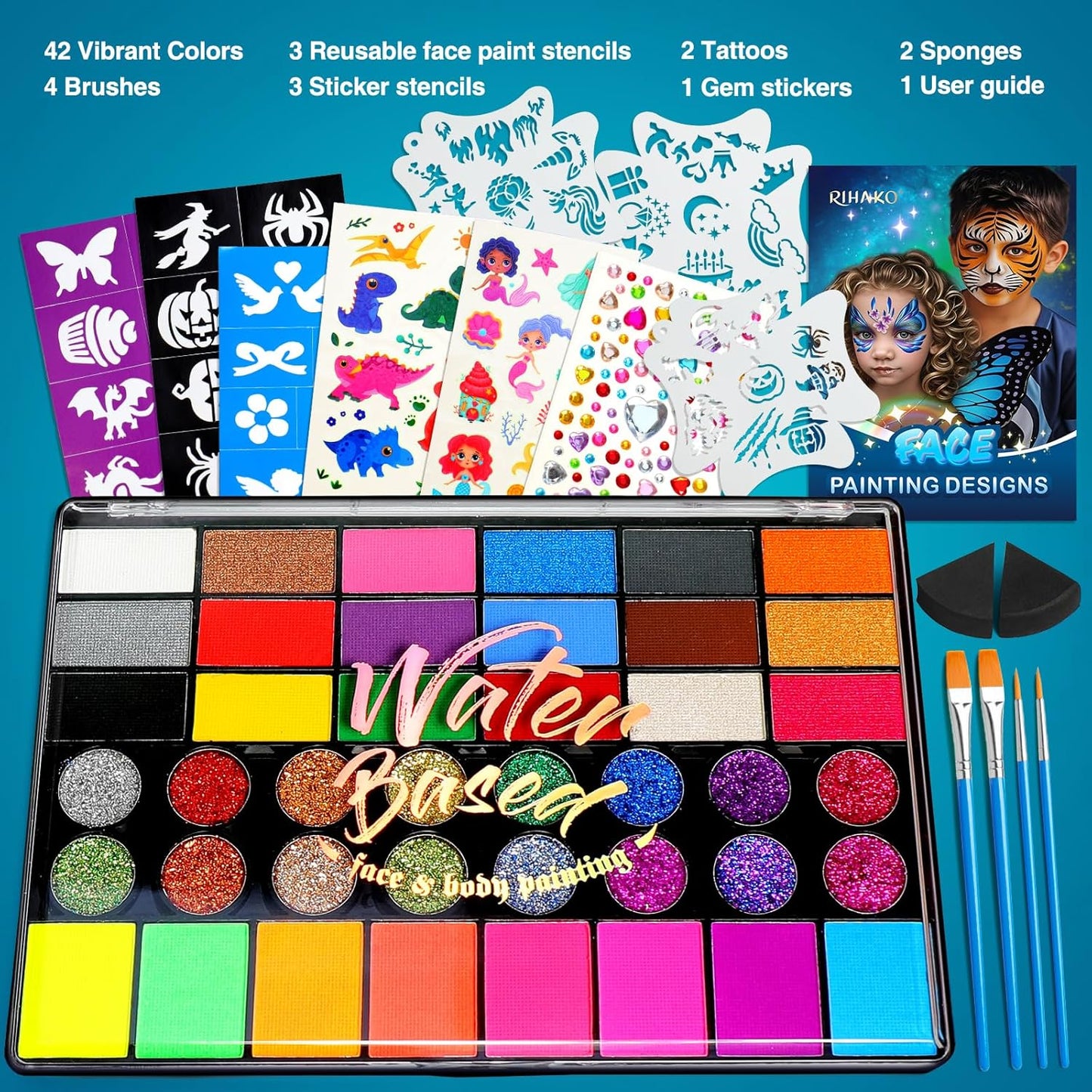 Face Painting Kit for Kids - 42 Colors Professional Face Paint Kit,Non-Toxic face Paint With Stencils, Brush, Gems. For Carnival, Halloween, Costume Makeup and Any Creative Activity with Kids
