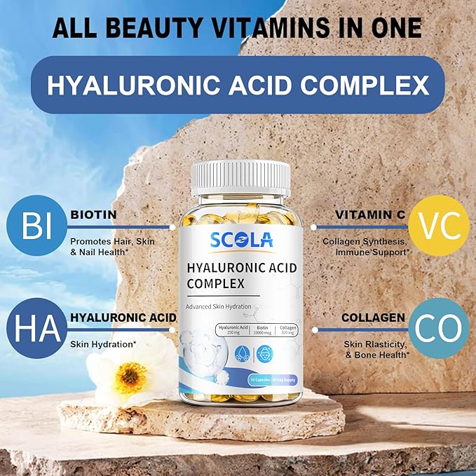 SCOLA Hyaluronic Acid- Hydration with 250 mg Hyaluronic Acid, and 10000 mcg Biotin - 60 Vegan Capsules