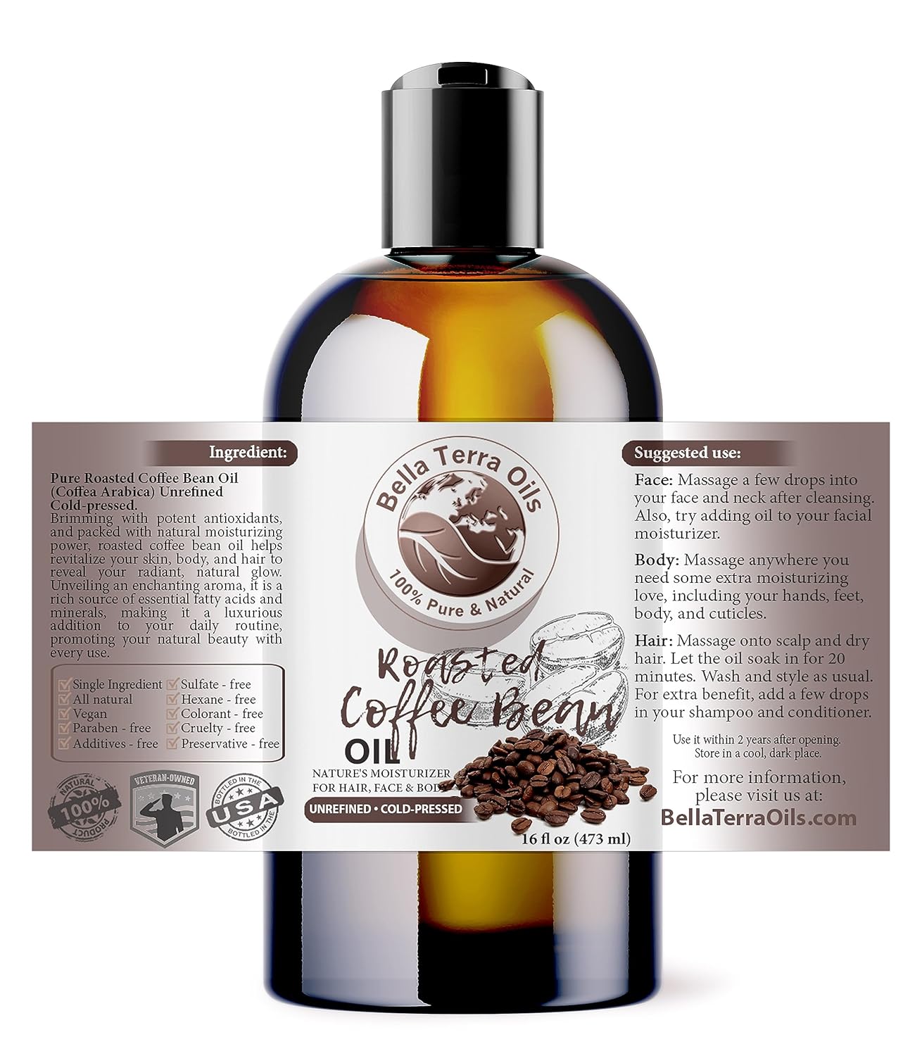 Bella Terra Oils - Roasted Coffee Bean Oil 16oz - Bask in the Richness of Coffee Bean Oil for Skin, Infused with Vitamin E, The Pinnacle of Skin Nourishment