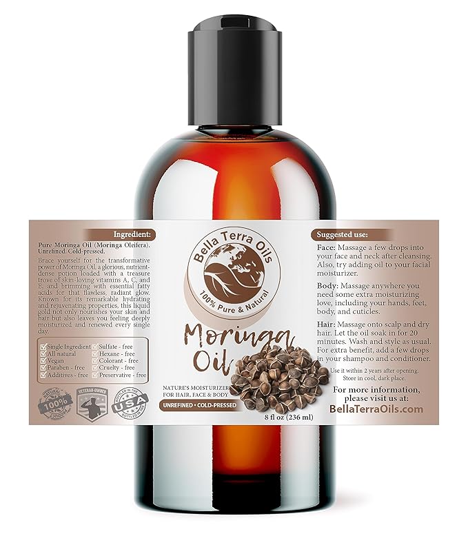 Bella Terra Oils - Organic Moringa Seed Oil 8 oz - A Symphony of Nutrients & Fatty Acids, Elevating Beauty Rituals with Natural Nourishment