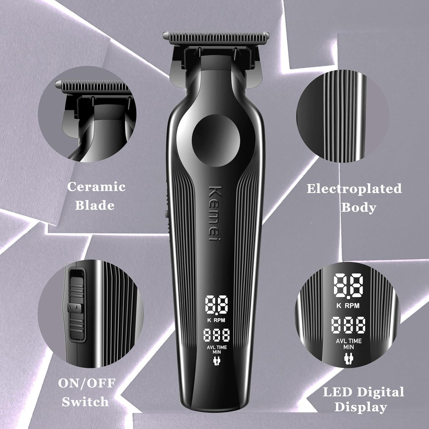 KEMEI Hair Trimmer for Men, Zero Gapped Cordless Hair Clippers Beard Trimmers with T Blade, Rechargeable Barber Clipper with LED Display, Black