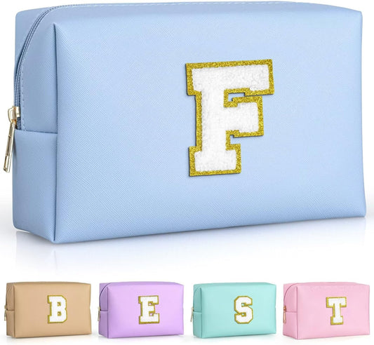 TOPEAST Preppy Makeup Bag, Small Cosmetic Travel Bags for Women, PU Leather Waterproof Toiletry Bag with Zipper, Personalized Birthday Gift for Women Girl, Preppy Gifts for Girl (Sky Blue F)