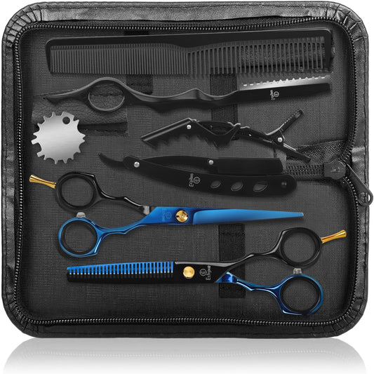 Hair Cutting Shears Sets - Professional 9 PCS Haircut Scissors Kit with 6.5" Thinning/Texturizing Scissors (29 Teeth) and Straight Shears for Men Women Home Salon (Black & Blue)