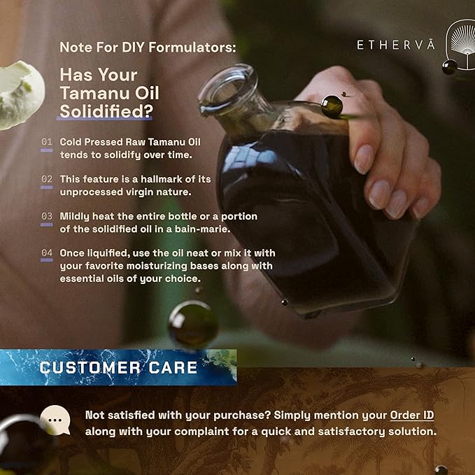 ETHERVA Tamanu Oil | No Chemicals | Natural Scent | Unrefined, Raw, Cold Pressed, Solidifies in Winter | Wild Grown Organic Indian Origin | DIY Face, Body, Scalp & Hair | Aluminium Bottle 20.9 Fl Oz