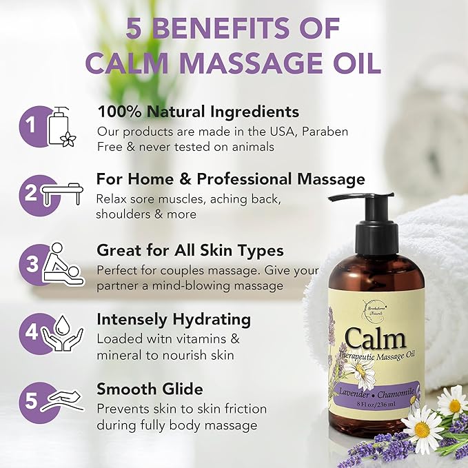 Calm Massage Oil for Massage Therapy with Lavender & Chamomile Essential Oils to Relax Sore Muscles | All Natural with Coconut, Grapeseed & Jojoba for Smooth Skin | Brookethorne Naturals 8oz