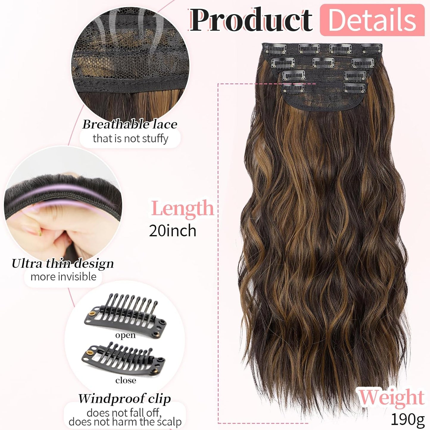 KooKaStyle Clip in Long Wavy Synthetic Hair Extension 20 Inch 4PCS Balayage Dark Brown to Chestnut Hairpieces Fiber Thick Double Weft Hair Extension for Women