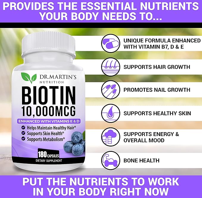 Potent Biotin (Vitamin B7) 10,000 mcg with Vitamins D & E Supplement | 180 Count | Hair, Skin And Nails | For Thicker & Stronger Hair Growth | Healthy, Youthful Skin & Strong Nails | Energy Support
