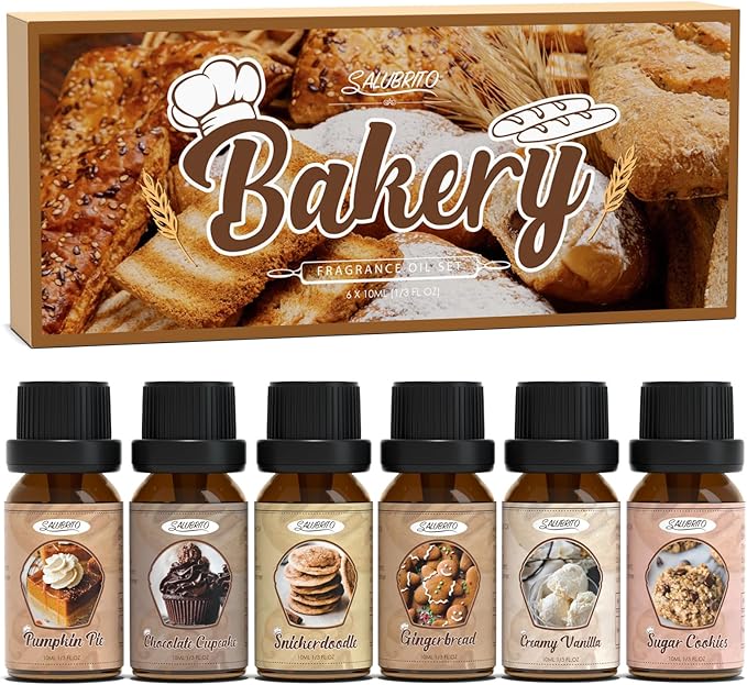SALUBRITO Bakery Fragrance Oils Set, Premium Essential Oils Set for Candle, Soap Making, Diffuser - Pumpkin Pie, Chocolate Cupcake, Snickerdoodle, Gingerbread, Creamy Vanilla, Sugar Cookies