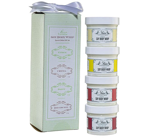 Body Whip Gift Set – 4 Scented Soy Body Cream Minis (2 oz Each) in Citrus, Crema, Poppy & Red Orchid – Hydrating, Formula with Vitamin C & Coconut Oil – Made in USA