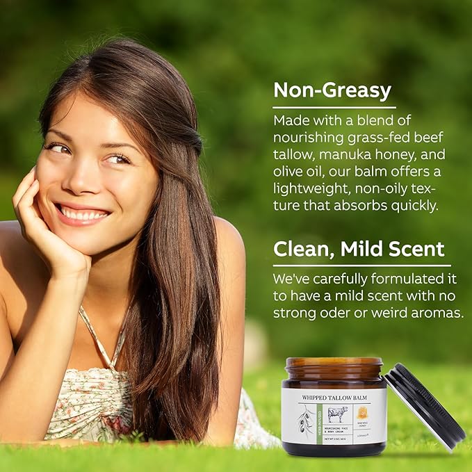 Beef Tallow for Skin, Beef Tallow and Honey Balm, All-Natural Moisturizer Nourishes and Hydrates the Skin Face Body, Grass Fed Whipped Tallow Honey Balm with Honey 60ml