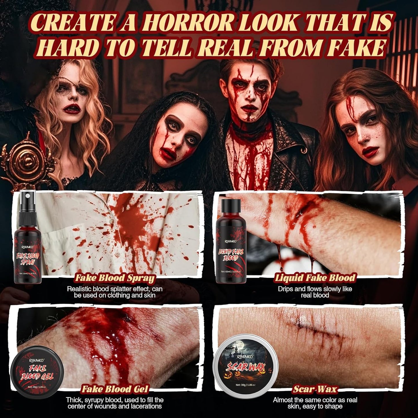 Halloween Fake Blood SFX Makeup Kit – Fake Blood, Scar Wax with Spatula, Blood Spray, Fake Blood Cream & Stipple Sponge – Realistic Wound Modeling & SFX Makeup for Zombie, Vampire & Undead Costumes