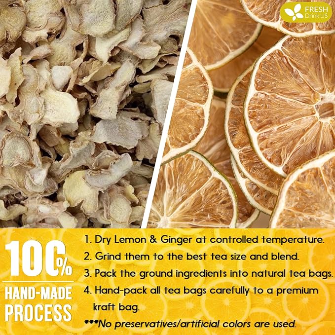 FreshDrinkUS, Premium 200 Lemon Ginger Tea Bags, 100% Natural Ingredients, Hand-made Blend of Lemon and Ginger, Eco-conscious Tea Bags. Lemon Ginger Herbal Tea. No Sugar, No Caffeine, Vegan.