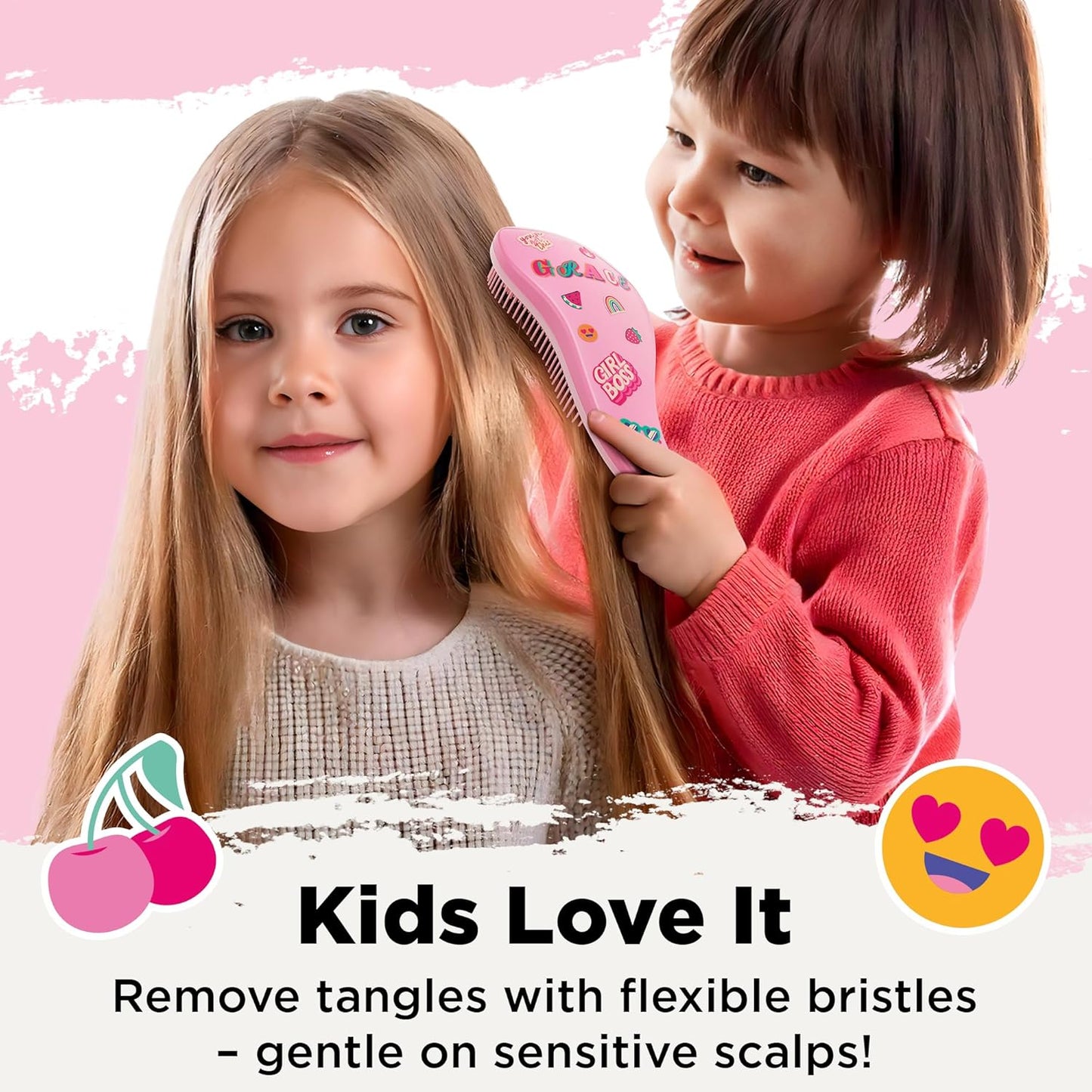 Lily England Detangler Brush for Curly, Thick, Straight & Natural Hair - Trendy Gift for Teens, Kids & Toddlers with Stickers - Hairbrush for Wet & Dry Hair, Pink