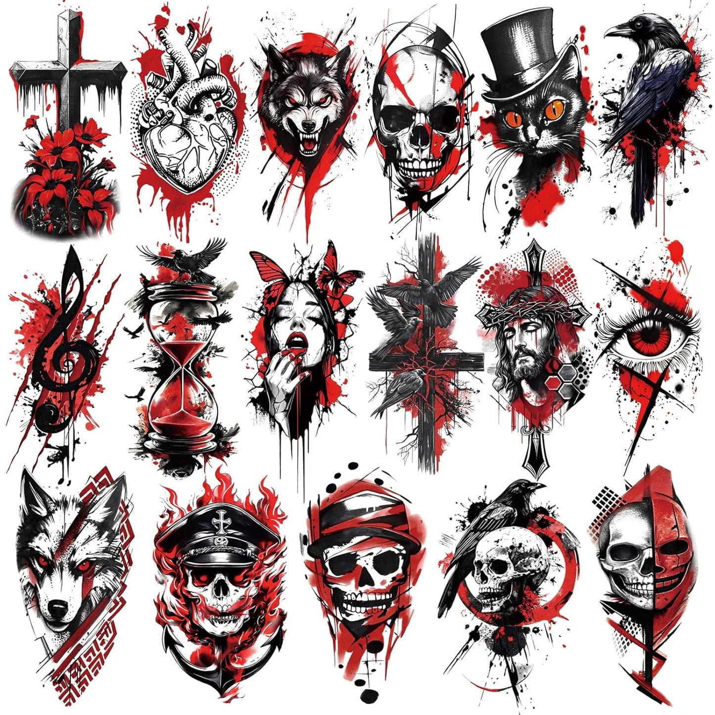 77 Sheets Temporary Tattoos, 17 Sheets Half Arm Black & Red Trash Polka Skull Heart Wolf Crow Cat Cross Flower for Adults Shoulder Neck, 60 Sheets Small Fake Tattoo Sticker for Teen Men Women Body Art