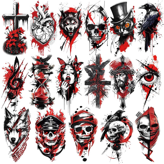 77 Sheets Temporary Tattoos, 17 Sheets Half Arm Black & Red Trash Polka Skull Heart Wolf Crow Cat Cross Flower for Adults Shoulder Neck, 60 Sheets Small Fake Tattoo Sticker for Teen Men Women Body Art