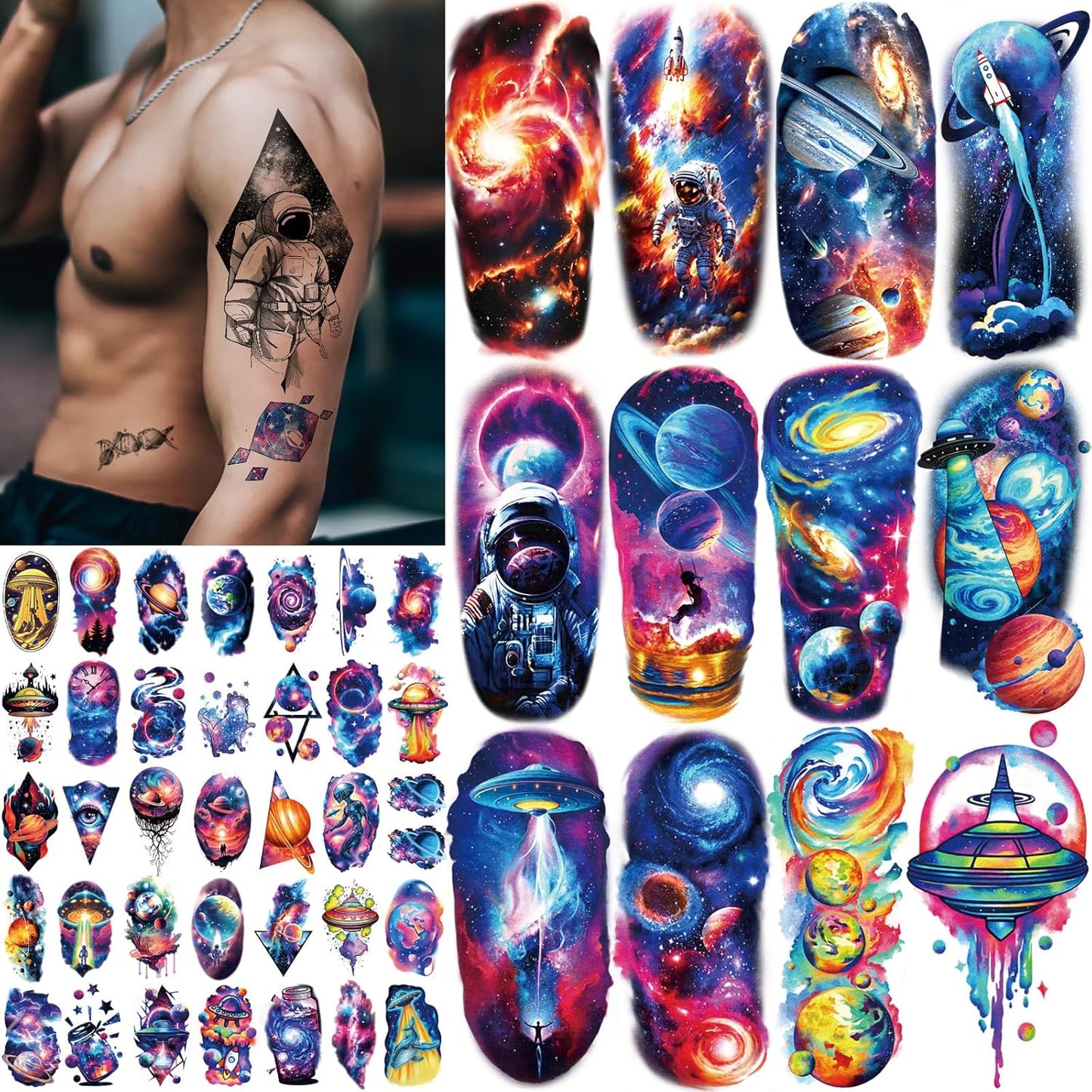 77 Sheets Temporary Tattoos, 17 Sheets Space Planet Astronaut Rockets Half Arm Fake Tattoo for Adults Men Women, 60 Sheets Small Waterproof Lasting Stickers Tattoo for Boys Girls Kids Party