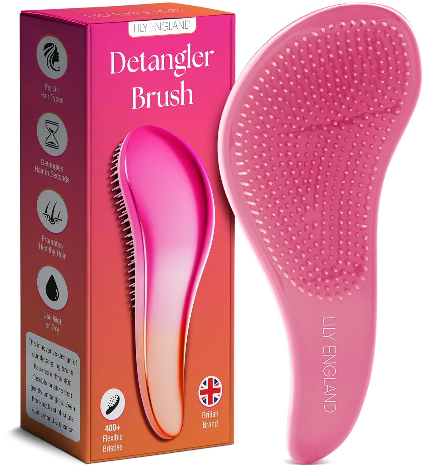 Lily England Detangler Hair Brush for Curly, Thick, Straight & Natural Hair - Gentle Detangling Brush for Women, Kids & Toddlers with Flexible Bristles - Smooth Hairbrush for Wet & Dry Hair, Pink