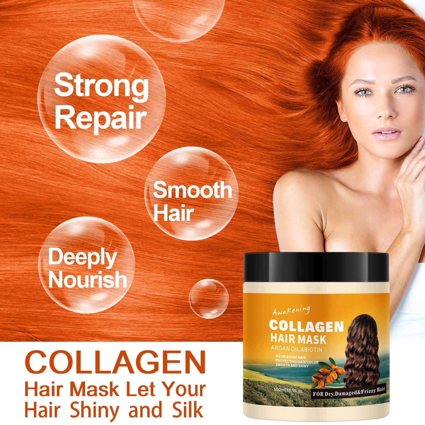 Hair Mask Deep Treatment Conditioner Collagen Protein Argan Oil Biotin Repair For Dry Damaged Frizzy Curly All Hair Types(16.9 Fl Oz/500ml) (collagen)