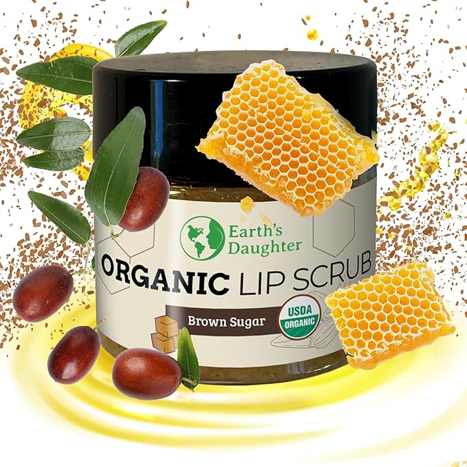 Earth's Daughter Organic Brown Sugar Lip Scrub 0.7 oz - USDA Organic Lip Exfoliator Scrub for Dry Lips - Fair Trade, Brown Sugar, Jojoba Oil, Beeswax, Coconut Oil - Scrubber Exfoliator