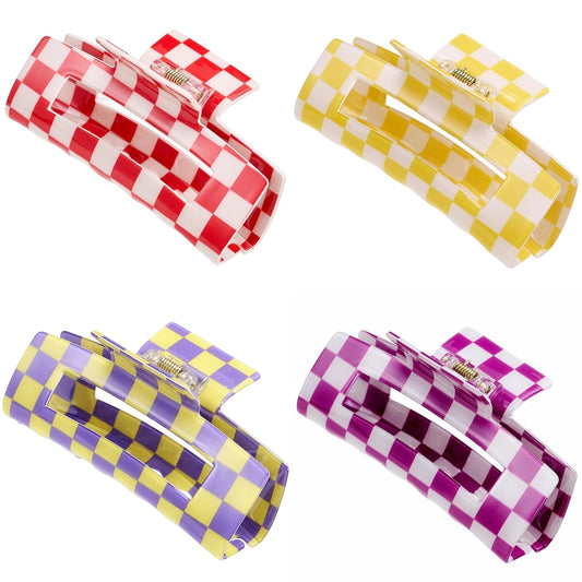 SINIDE Checkered Rectangle Hair Claw Clips, Large Acrylic Bright Multicolored Square Checker Barrettes for Thin Thick Hair Cute Non Slip Jaw Clips Strong Hold Claw Clamps for Women Ladies (4 Pack)