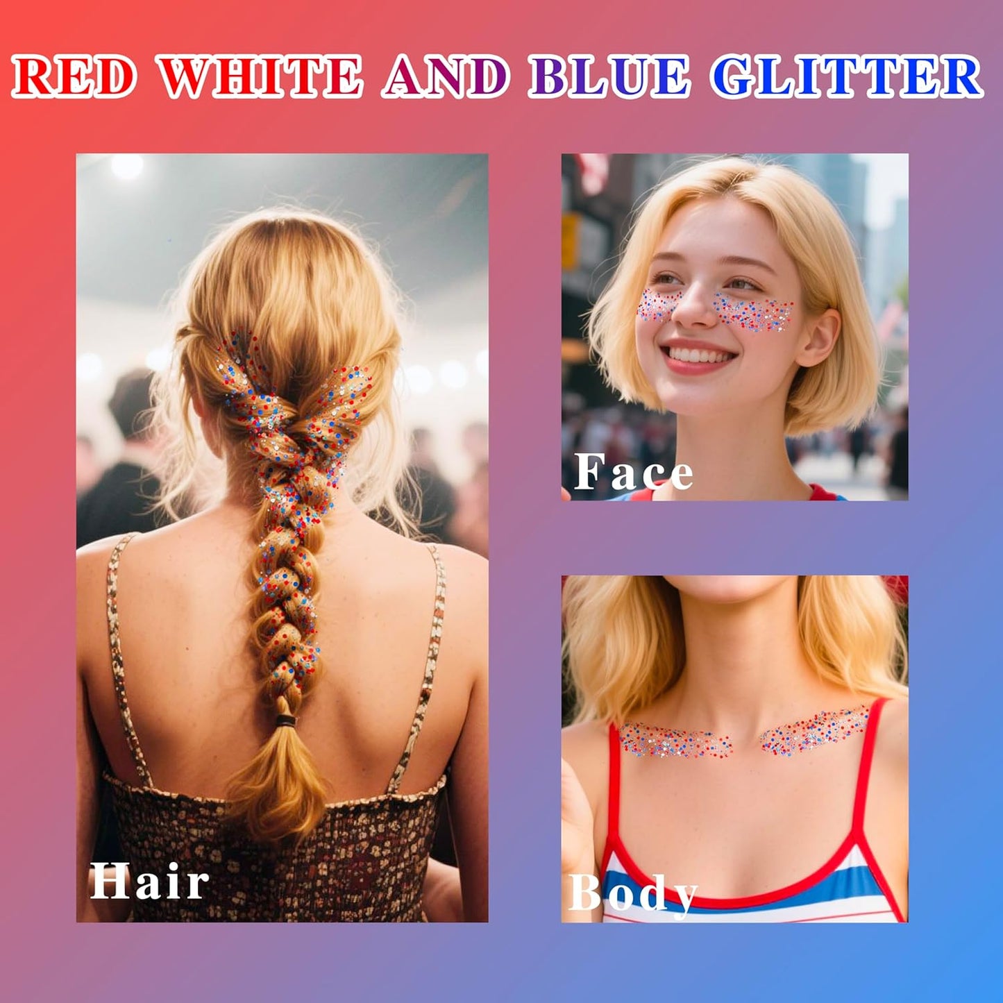 MEICOLY Red White and Blue Face Body Glitter Stick,Hair Glitter Stick for Kids and Women,Sparkle Patriotic Pride Chunky Glitter Makeup for Memorial Day,4th of July Accessories Outfits for Women