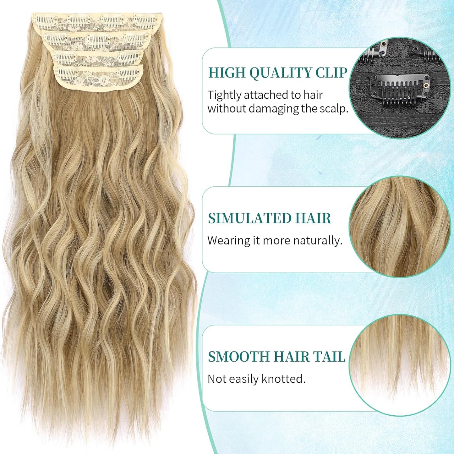 KooKaStyle Clip in Synthetic Hair Extensions Long Wavy 4PCS Thick Hairpieces Light Brown mix Golden Blonde Fiber Double Weft Natural Hair Extensions 16 Inch for Women