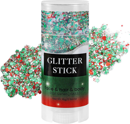 Mysense Red Silver and Green Body Glitter Stick, Christmas Makeup Face Hair Glitter for Kids Women, Stocking Stuffers Gift Decorations, Sparkling Chunky Glitter Makeup, 0.56oz