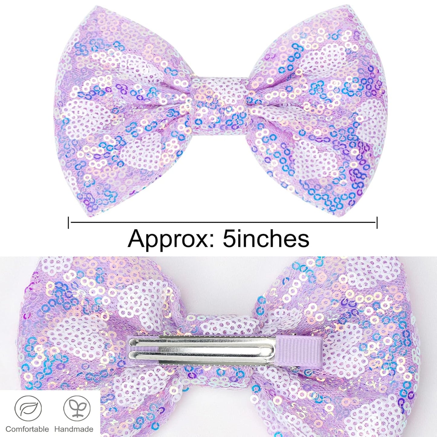 Large Big Sparkling 5 Inch Glitter Heart Hair Bows Clips Sequin Bow Alligator Clips Hair Accessories for Girls, Teens, Toddlers（Light Purple）